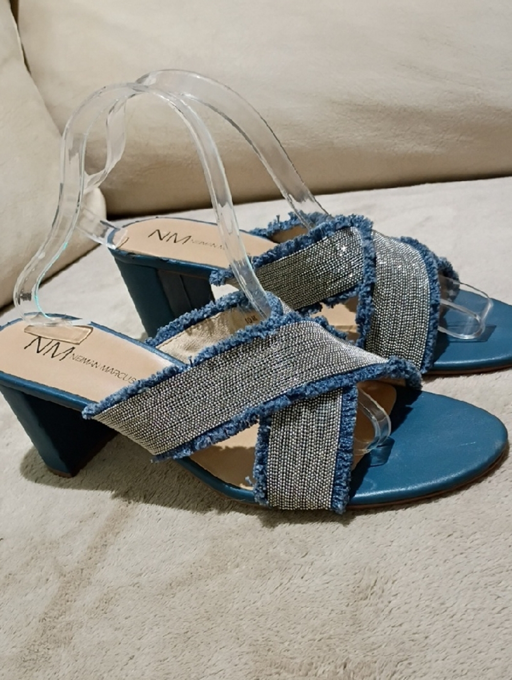 Neiman Marcus Blue Denim-Trim Crisscross Block Heel Sandals